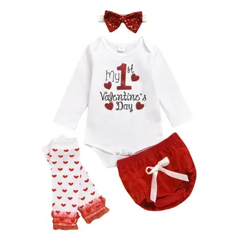 AU Jaundzimušais Meitenītei 0-18M Drēbes Romper Šorti Valentīna Diena Puse 4GAB Apģērbs, Komplekts