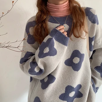 Sieviešu Džemperis Ziemas Trikotāžas Ziedu Pulovers Modes Vintage Zaudēt Top Sieviete Ar Garām Piedurknēm Džemperi Lielgabarīta Korejas Drēbes Ir 2021.