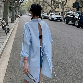 Backless Mežģīnes Up Sieviešu Asimetrisks Krekls 2020 Jaunu Gadījuma Zaudēt BF Balta Blūze Sexy Iela Valkāt Drēbes, kas ir korejas Modes Augšu