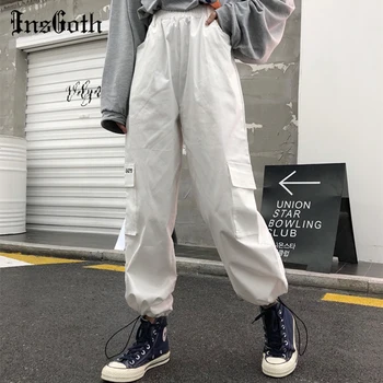 InsGoth Streetwear Punk Kravas Bikses Sievietēm Gothic Harajuku Melna Balta Augsto Vidukli, Zaudēt Bikses Gadījuma Garās Bikses Ar Kabatām