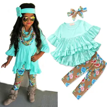 1-6 Gadiem Bērnu Apģērbs Mazulim Meitene Ziedu garām Piedurknēm Top Zīdaiņu Blūze Bērni Bikses Meitenēm Galvu 3Pcs Apģērbu Komplekts