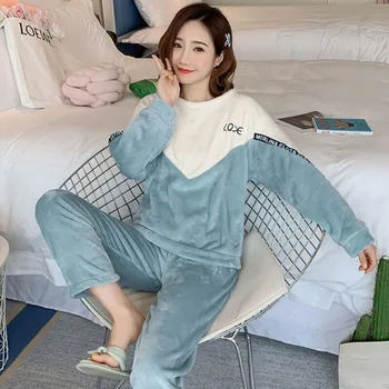 2GAB Sieviešu Pidžamas Uzvalks Sleepwear Gadījuma Miega Komplekts Pijamas Coral Fleece Naktsveļu Ziemas Jaunas Mājas Apģērbu Mīkstu Intīmas Apakšveļa