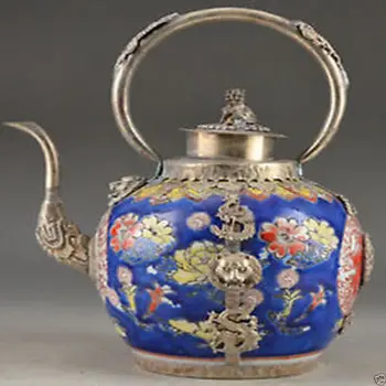 Izsmalcinātu Ķīniešu Klasisko Porcelāna Veco Handwork Inkrustēts ar Vara Lauva Pūķis Tējas Katls