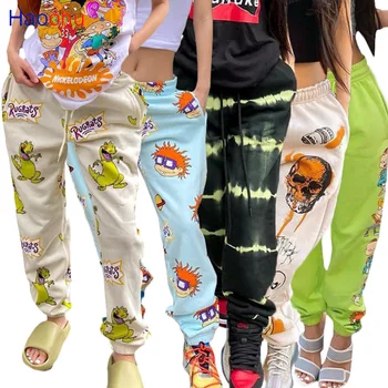 HAOOHU Streetwear Karikatūra Galvaskausa Drukāt Sieviešu Bikses Rudens Elastīgs Augsts Viduklis Kabatas Bikses Drapēti Jogger Bikses, Treniņbikses