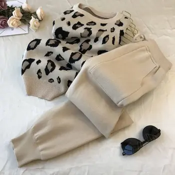 Korejas Leopards Drukāt Trikotāžas Tērpi Sievietēm Streetwear Mīksti Džemperi Džemperis Gadījuma Harēma Sweatpant 2 Gabals Komplekti Rudens Tērpiem