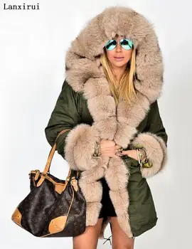 Sieviešu parka grezns Lielas kažokādas apkakles kapuci mētelis silts Fox kažokādas oderējums, parkas garās ziemas jaka augstākās kvalitātes jaqueta