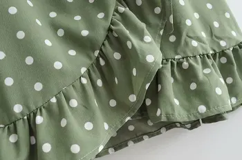 Jaunā sieviešu vintage krusta v kakla zaļā polka dot print mežģīnes up mini kleita sieviešu kaskādes ruffles vestidos puse kleitas DS2608