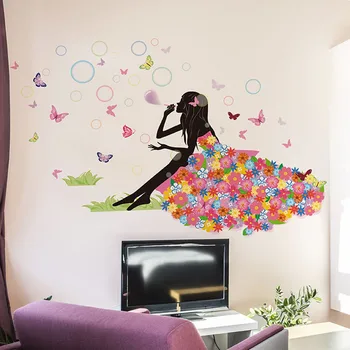 Sienas Uzlīmes Butterfly Fairy Burbulis Puķu Meitene, Uzlīmes, Guļamistaba, viesistaba, Dīvāns TV Mājas Dekoru DIY Art Sienas Uzlīme, Sienas Plakāts
