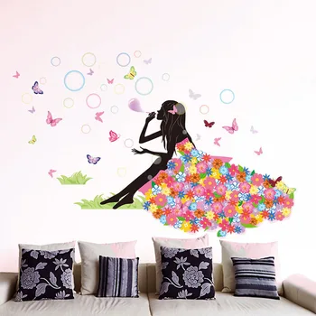Sienas Uzlīmes Butterfly Fairy Burbulis Puķu Meitene, Uzlīmes, Guļamistaba, viesistaba, Dīvāns TV Mājas Dekoru DIY Art Sienas Uzlīme, Sienas Plakāts
