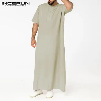 Cilvēks Vintage Īsām Piedurknēm O Kakla Musulmaņu arābu Islāma Apģērba INCERUN Mens vienkrāsainu Tērpu Saūda Stila Rāvējslēdzēju Jubba Thobe 5XL