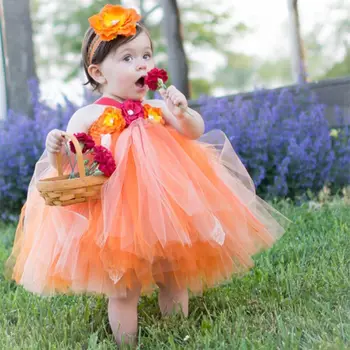Baby Meitenes Apelsīnu Ziedu Mežģīnes Tutu Kleitu Bērni Tilla Kleita Bumbu Kleita ar Hairbow Bērnu Dzimšanas dienu Halloween Party Kostīms, Kleita