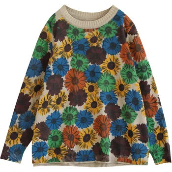 Sun Flower Drukas Plānas Modes Džemperis Datoru Adīti Džemperi O Kakla Kokvilnas Adīšanas Krekls Zaudēt Liela Izmēra Vintage