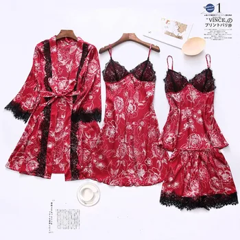 Sieviešu Tērpu Komplekts Kimono Kleita Pavasara Vasaras 4GAB Sleepwear Sexy Melnu Mežģīņu Apdari Naktskrekls Drukāt Zieds Naktsveļu Ikdienas Mājas apstākļos