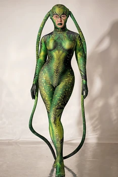 Halloween Puse Zaļā Svešzemju Dzīvnieku Cosplay Tērpi Sievietēm Jaunums Lomu Pilnībā Segtu Jumpsuit Parādīt Dejotāju Skatuves Sniegumu Tērpiem