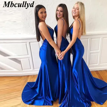 Mbcullyd Royal Blue Elastīga Satīna Līgavas Kleitas 2019 Sexy Backless Kleita Kāzu Puse, Lētas drēbes demoiselle d ' honneur
