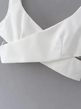 Sieviešu balta vasaras īss tops ar v veida kakla tvertnes krusta dobi no poliestera atpakaļ elastīga siksna camis SML piliens kuģniecība