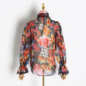 VGH Pavasara Sieviešu Vintage Izlīdzināšanu Piedurknēm Krekls Pārsējs Loku Mežģīnes Drukāt Slim Hem Sieviešu Modes Apģērbu 2020 