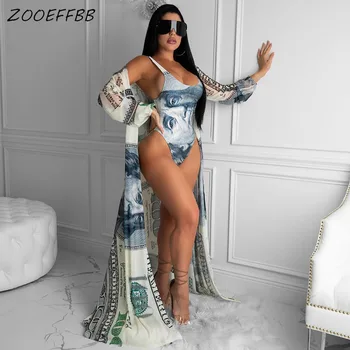 ZOOEFFBB Sexy Dolāru Drukāšanas Divas Gabals, kas Sieviešu Apģērbu Ilgi Jaka Top un Bodysuit Peldēties Uzvalku Kluba Tērpiem Beach atbilstības Komplekti