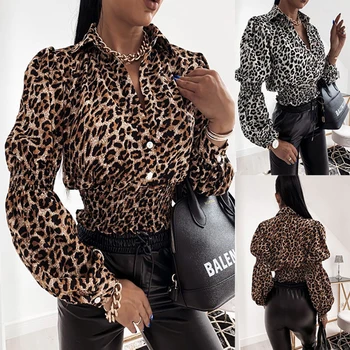Ir 2021. pavasarī un rudenī Dāmas Sexy V-neck garām Piedurknēm Plastmasas Vidukli, Krekls, Sieviešu Ikdienas Leopards Drukāt Krekls Top Sieviešu Krekls