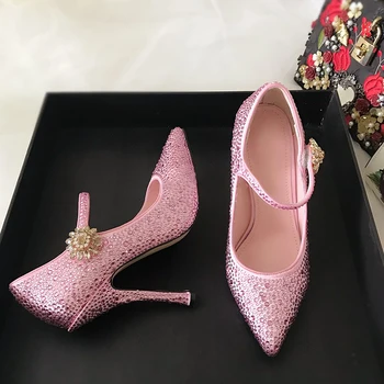 Bling bing kristāla dekori kāzu kleitu sieviešu kurpes ar augstiem papēžiem rozā satīna norādīja toe rhinestone sūkņi chaussures femme 2019
