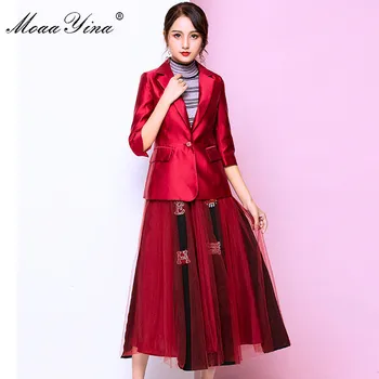 MoaaYina Modes Dizainere Uzstādīt Pavasara Rudens Sievietes Tērps Topi+Kristāla Fāzēm Acu Svārki divdaļīgs kostīms