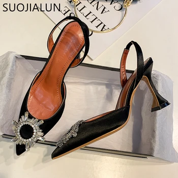SUOJIALUN Kristāla Plānas augstpapēžu kurpes sandales ar siksniņām Sandales Sieviešu Sun Flower Rhinestone Puse Kleita Kurpes Dāmas Smailu Purngalu Mūļu Sūknis