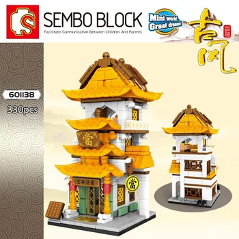 SEMBO Mini Street View Ķīniešu Tradīcijām, Īpašu Arhitektūras Tējas Nams Antikvariāts, Lombards Modelis Ķieģeļu DIY Rotaļlietas Bērniem
