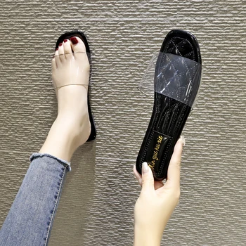 Modes Vasaras Skaidri Pārredzama Čības Sieviešu Kurpes Slaidi Peep Toe Laukumā Zemiem Papēžiem Čības Sieviešu Kurpes Mūļu Zapatos Mujer