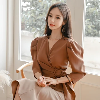 Foamlina Elegants Sieviešu Krekls korejas Modes OLA Darbu Blūze 2019 Rudens Sexy V Kakla Puff Piedurknēm Ikdienas Biroja Krekls Blūze