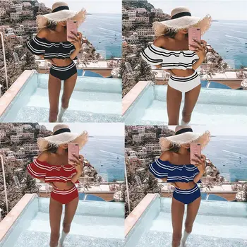 Hirigin Sexy Shoulderless Ruffles Sievietes Bikini Komplekts Push Up Polsterētām Krūšturis, Peldkostīmi 