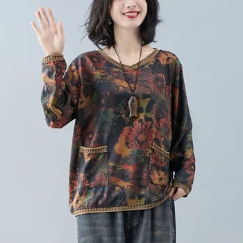 Sieviešu Vintage Print Gadījuma T-krekli Jaunu 2020. Gada Rudenī korejiešu Stilā ar V-veida kakla Ziedu Drukāt Zaudēt Ērti, Sieviešu Topi, t-veida, S2572