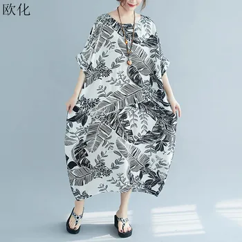 2020. Gada Vasarā Jaunu Kleitu Sievietēm Sundress Plus Lieluma Vaļēju Lapu Drukas Gara Kleita Vintage Lielajam Kokvilnas Veļa Maxi Kleita Drēbes, Sieviešu