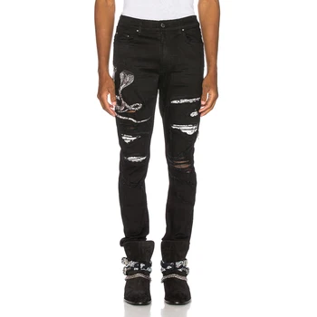 Amerikāņu Streetwear Modes Vīriešu Džinsi Izšuvumi Dizainers Ripped Džinsi Vīriešu Iznīcināta Panku Bikses Melnā Krāsa Hip Hop Izdilis Džinsi
