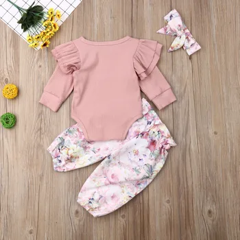 0-24M Toddler Jaundzimušā bērna Baby Girl Apģērbu Komplekts Savirmot garām Piedurknēm Adīts Romper Loku Ziedu Bikses Rudens Bērnu Kostīmi