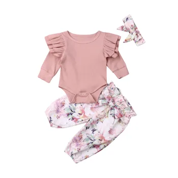 0-24M Toddler Jaundzimušā bērna Baby Girl Apģērbu Komplekts Savirmot garām Piedurknēm Adīts Romper Loku Ziedu Bikses Rudens Bērnu Kostīmi