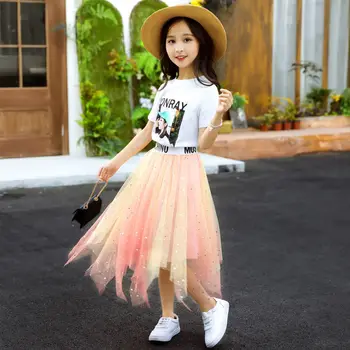 Korejas Toddler Meiteņu Svārki Uzstādīt Kokvilnas ar Īsām Piedurknēm T-krekls un Mežģīnes Vizuļi Svārki Pusaudžu Meiteņu Tērpiem Karikatūra Vasaras Tērpi
