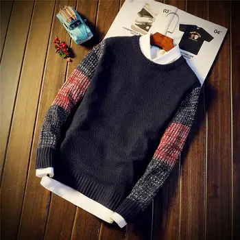 Rudenī un ziemā vīriešu modes apaļu kakla džemperis, tendence personības krāsu saskaņošanas slim jaunatnes silts džemperis džemperis