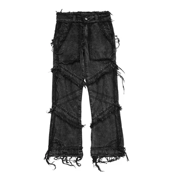 Aolamegs Džinsi Vīriešu Multi-Kabatas Pušķis Problemātisko Ripped Mazgā Džinsa Bikses Vintage High Street Hipster Džinsi Modes Streetwear