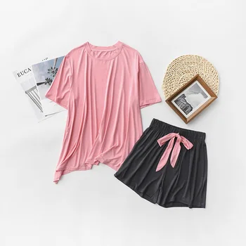 Pavasarī Un Vasarā Jaunā Sieviešu Homewear Kontrasta Krāsu Komfortu, mājas Apģērbu Mīkstu Dāmas Mīksta Pidžamas Komplekts Apaļu Kakla+Bikses Sieviešu