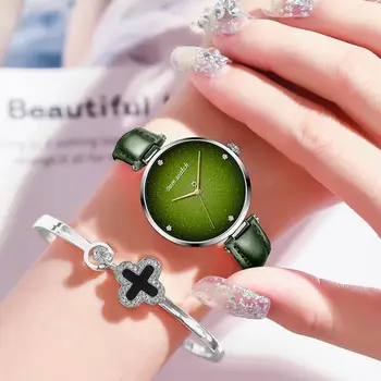 DOM Sieviešu Pulksteņi Zvaigžņotām Green Dial Reloj Mujer Dāmas rokas Pulkstenis Ultra-plānas Ādas Siksniņa Kvarca Montre Femme Dāvanu G-1292L-3M