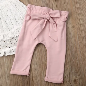 0-24M Baby Girl Apģērbu Meitenēm LaceShort Piedurknēm Top Bērnu T-Krekls, Bikses Bikses Galvu Komplekts Jaundzimušo Bowknote Bikses Apģērbs 3Pcs