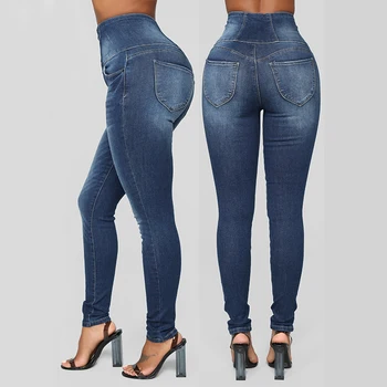 Jauno Modes Sieviešu Džinsa Augsta Vidukļa Biksēm Izdilis Un Slim Dāmas Augsta Vidukļa 2019 Sexy Slim Jeans Sieviešu, Tumši Zila