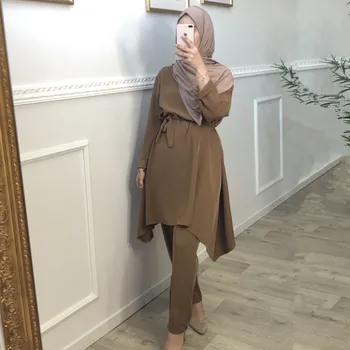 Turcijas 2 Gabals, kas Sievietēm Musulmaņu Komplekti Hijab Kleitu, Uzvalku Bikses Apģērbs Top un Bikšu Abaya Islāma Apģērba Musulman Komplekti