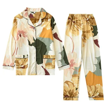 Sievietēm ar garām Piedurknēm Naktsveļu Rudens Kokvilnas Trikotāžas Pidžamas Komplekts Kārta-Apkakle Lapas Drukas Pidžamu Loungewear Sleepwear