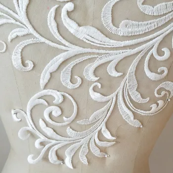 Super balts kokvilnas mežģīnes, izšuvumi, ziedu aksesuāri-kvalitatīvu kāzu kleitu apdares atpakaļ mežģīņu svārki