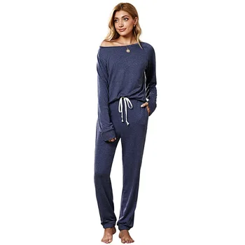 Rudens pidžamu ar garām piedurknēm pijama sieviešu pidžamas komplekts kustību Gadījuma tīrtoņa krāsu Ērti adīšanas bikses Gadījuma homewear