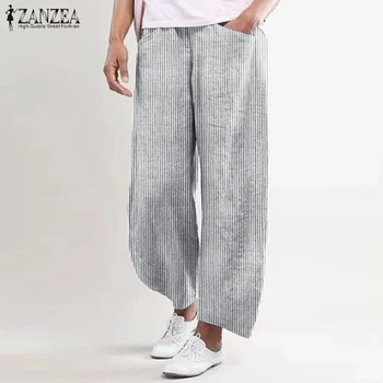 Ir 2021. ZANZEA Sieviešu Plaša Kāju Bikses Gadījuma Vintage Svītrains Kokvilnas Bikses Elastīgs Viduklis Rāceņu Sieviešu Pantalon Plus Lieluma Palazzo