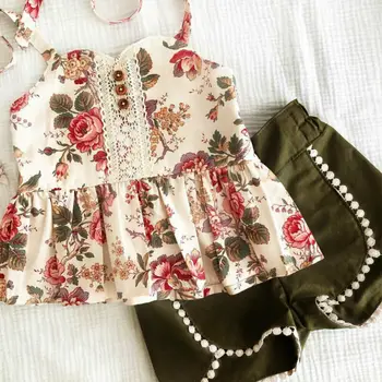 2GAB Zīdainis, Mazulis Baby Girl Apģērbu komplekti Ziedu Piedurknēm Topi, Šorti Bikses Bērnu Vasaras Apģērbs Apģērbu Komplekts 1-6Y