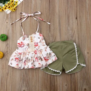 2GAB Zīdainis, Mazulis Baby Girl Apģērbu komplekti Ziedu Piedurknēm Topi, Šorti Bikses Bērnu Vasaras Apģērbs Apģērbu Komplekts 1-6Y