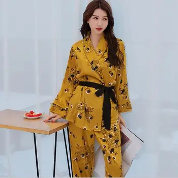 Ew Pavasara Rudens karstā dzeltena Drukas garām Piedurknēm Bikses Pidžamas Komplekts Sievietēm Pijamas 3 Gabali Sleepwear